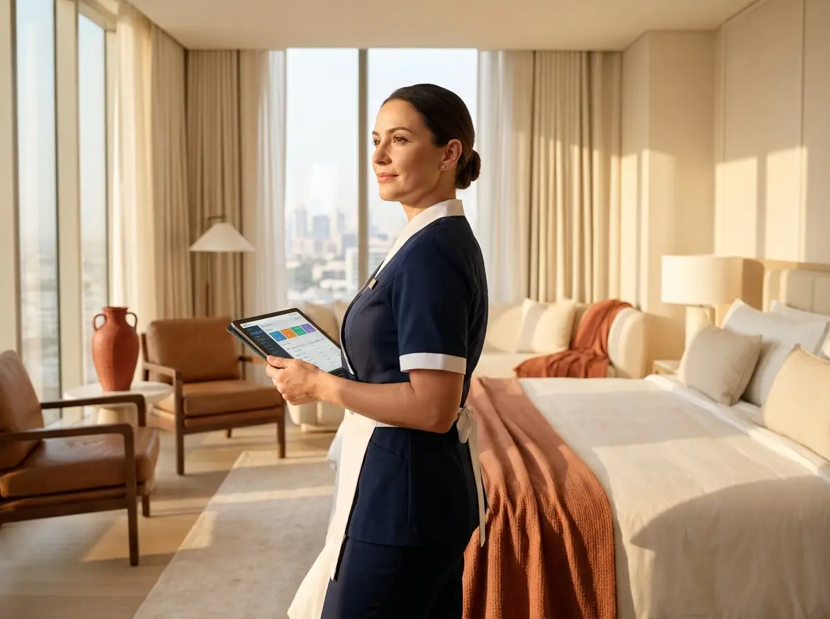 A hotel housekeeping supervisor reviewing live room readiness on a tablet in a guest room